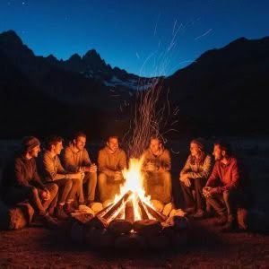 Friends sitting around campfire in the mountains