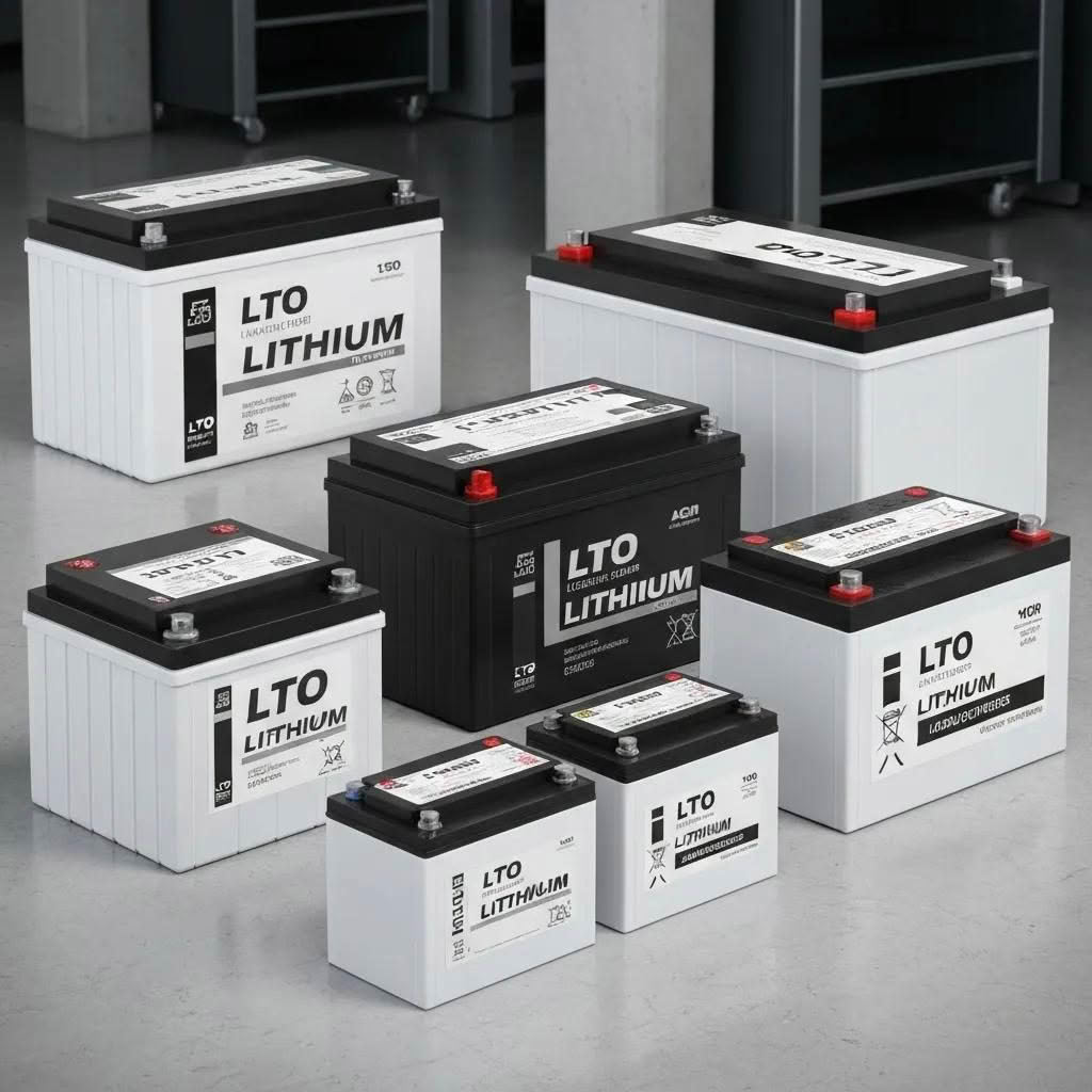 LTO lithium battery compared alongside AGM and lead-acid batteries in a workshop