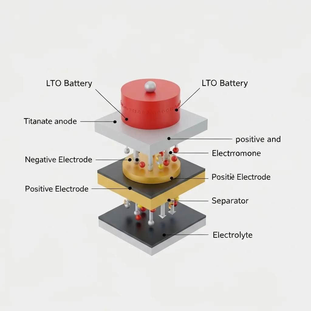 Close-up schematic of lithium titanate oxide cell structure showing the titanate anode and low-resistance pathways
