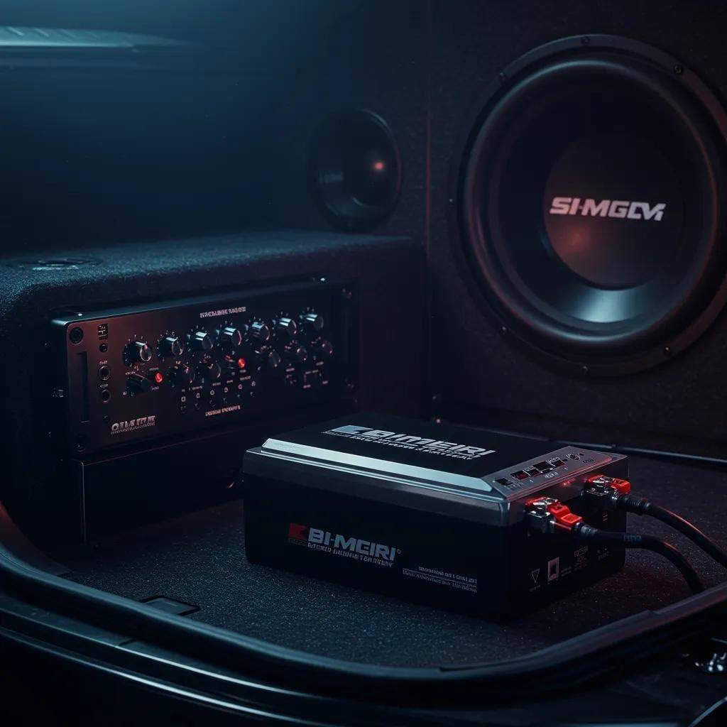 Car audio amplifier and subwoofer setup in trunk