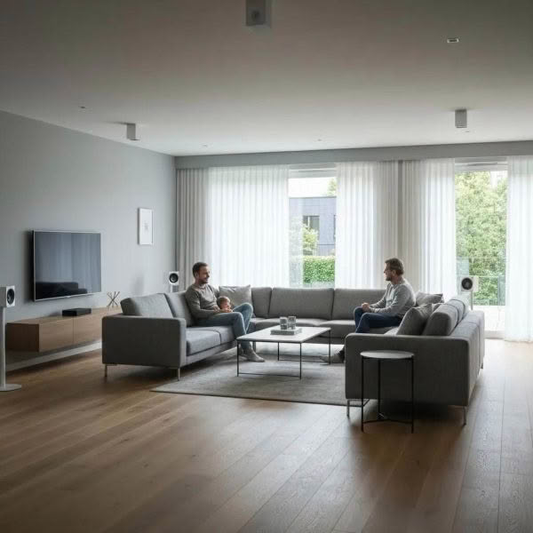Modern living room with people talking on sofa