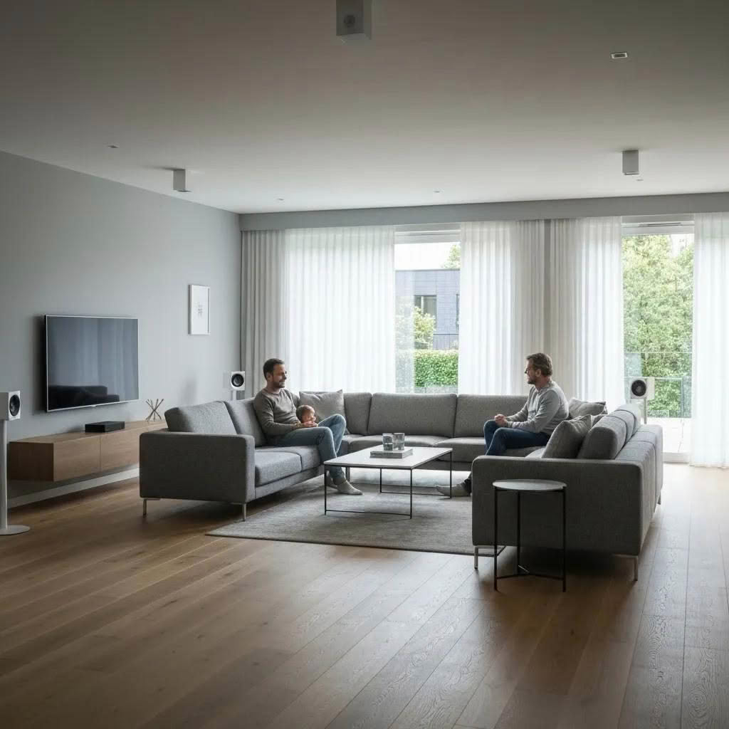 Modern living room with people talking on sofa