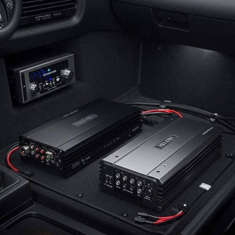 Car audio amplifiers installed under dashboard