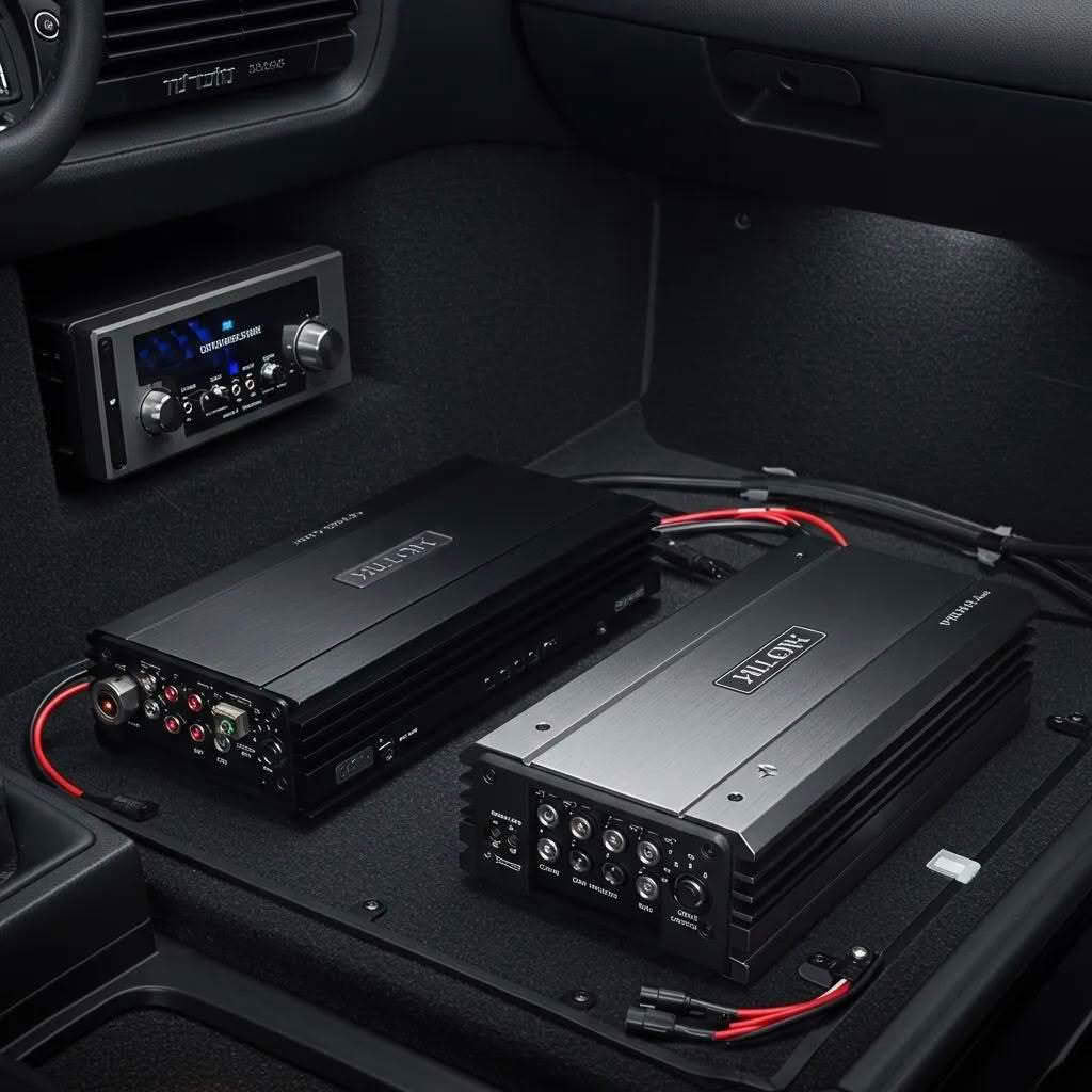 Monoblock and 4-channel amplifiers displayed in a car audio setup, emphasizing their design and functionality