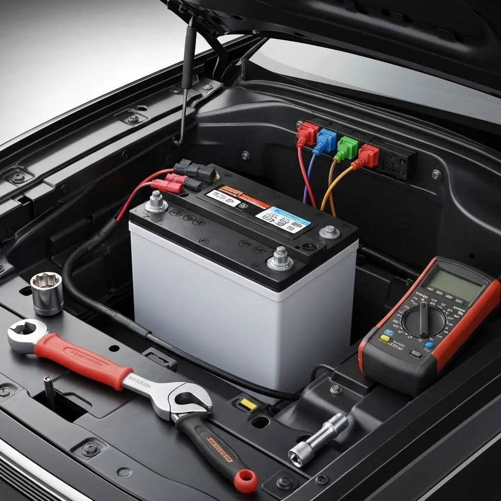 Proper installation of a car audio battery with secure mounting and correct connections
