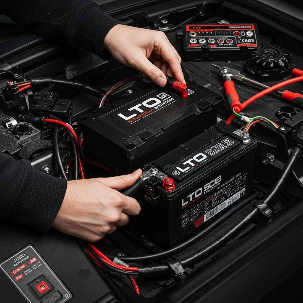 Technician installing LTO SCiB subwoofer battery in a vehicle