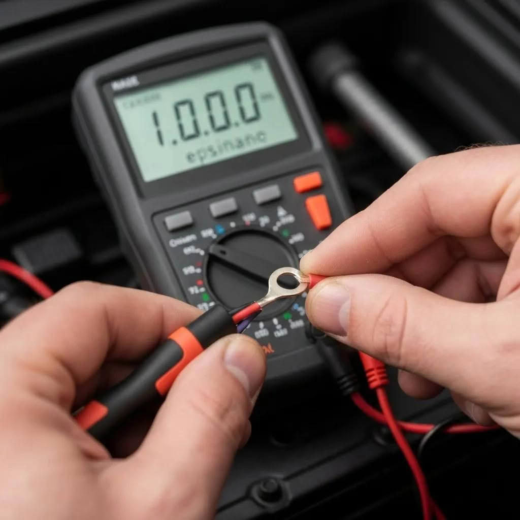 Technician tightening and testing a chassis ground with a multimeter