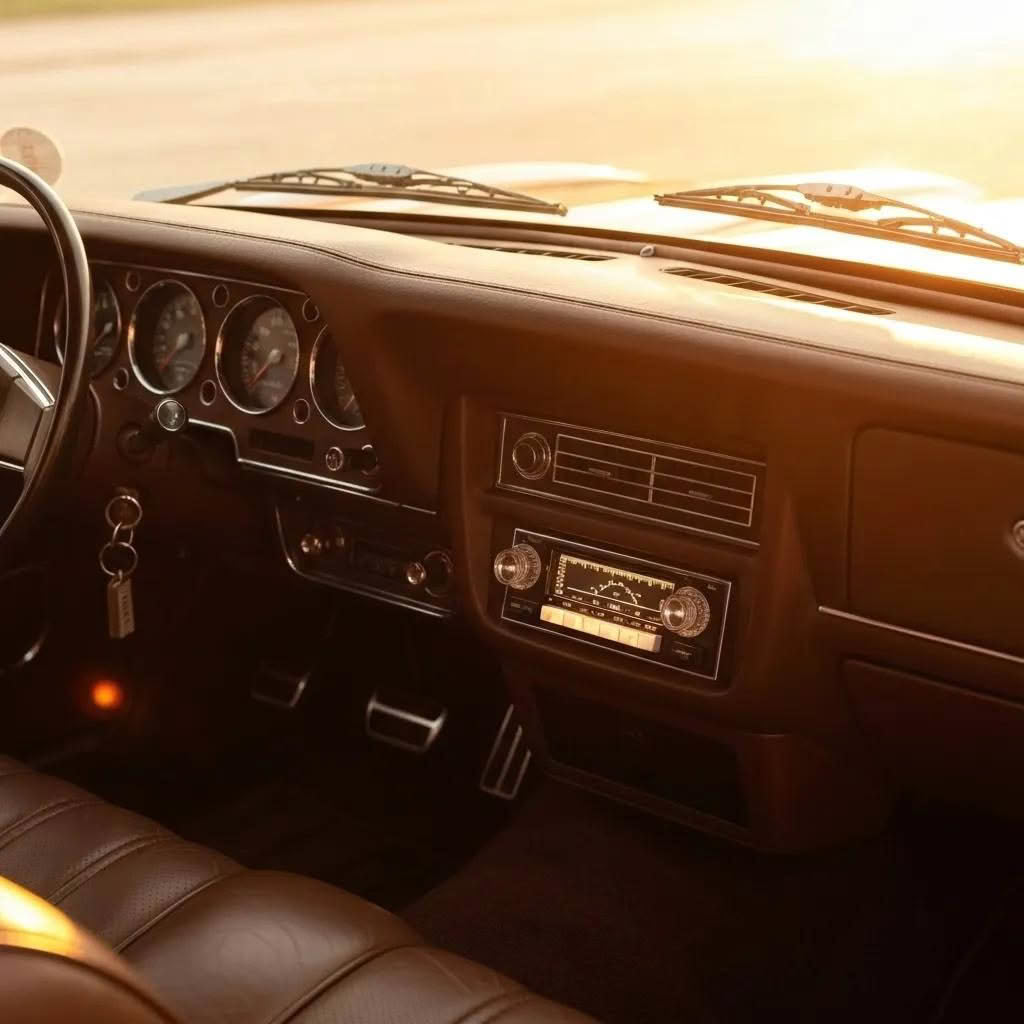 Vintage car interior with sunlight on dashboard
