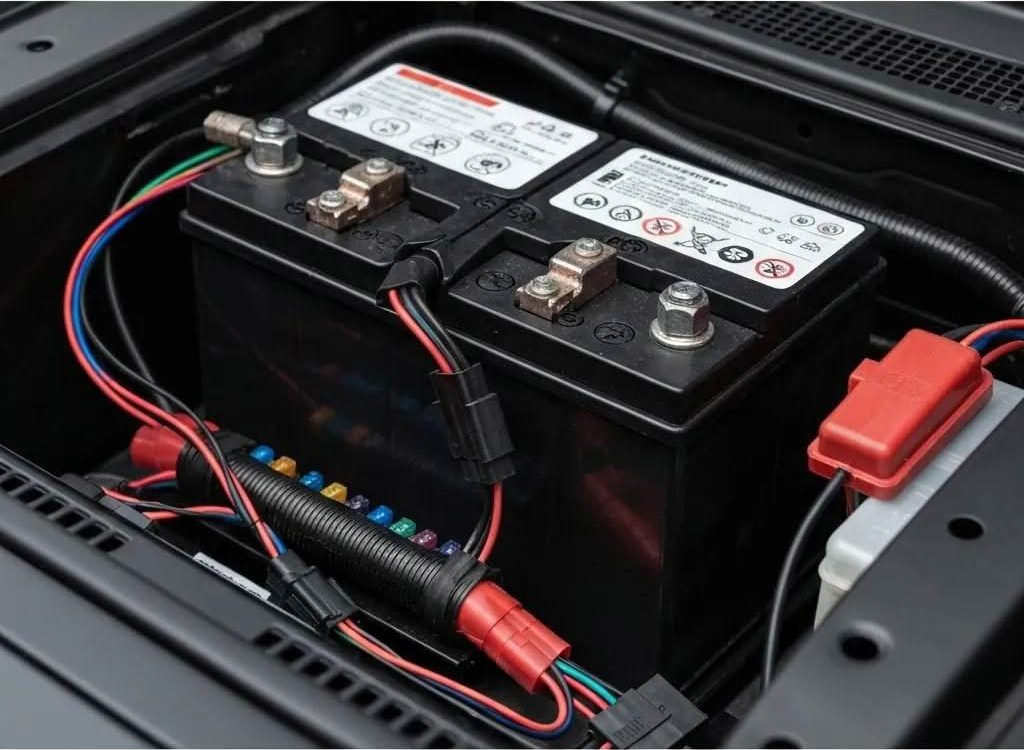 Well-maintained car battery setup with organized wiring and secure connections