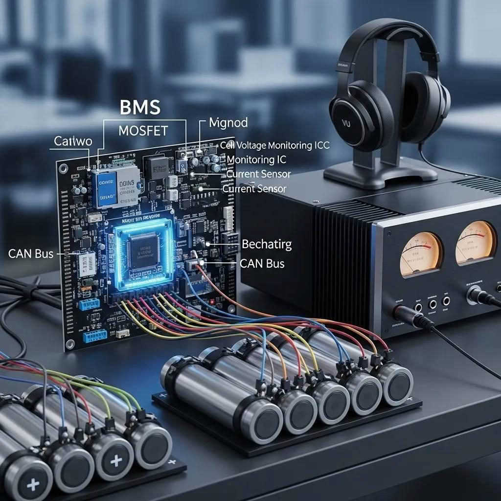 Battery Management System (BMS) components with lithium batteries, illustrating safety and functionality in car audio setups