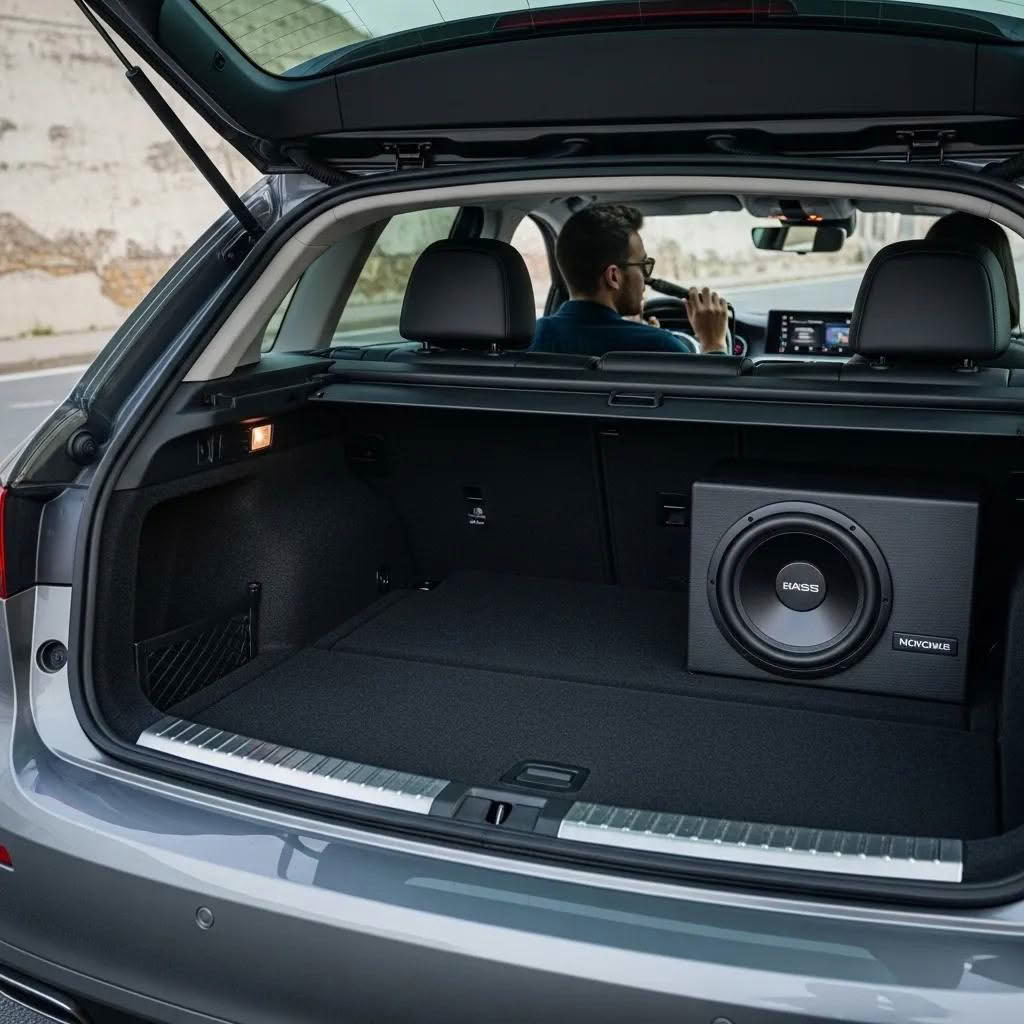Car trunk with subwoofer and driver inside