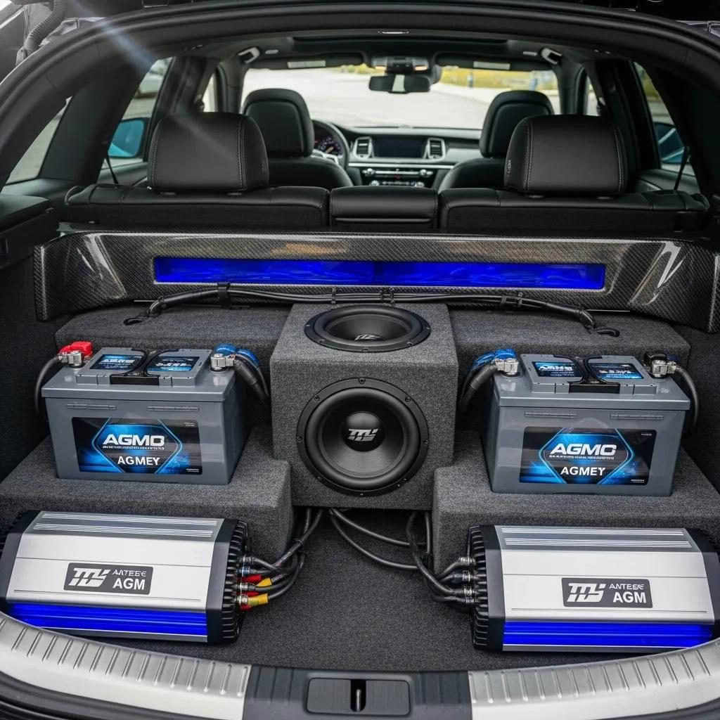 Car audio system featuring dual batteries for enhanced sound quality and performance