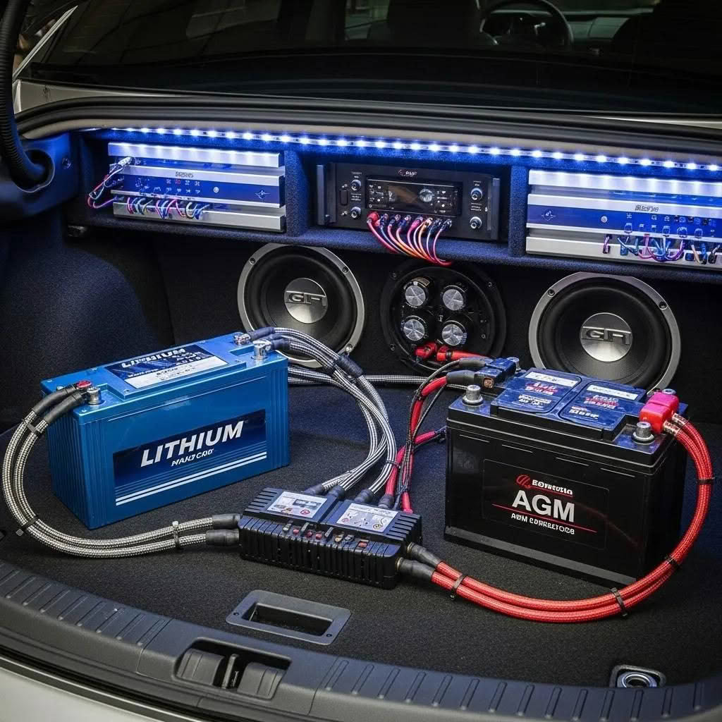 Car audio setup with lithium and AGM batteries