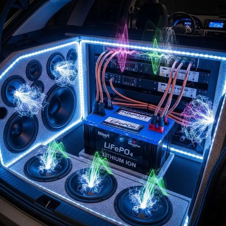 Car audio system with lithium battery and speakers