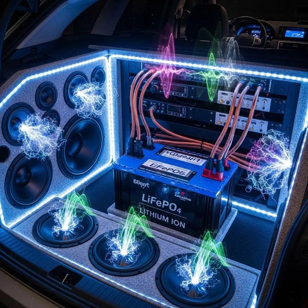 Car audio system powered by lithium battery, showcasing dynamic sound performance and energy