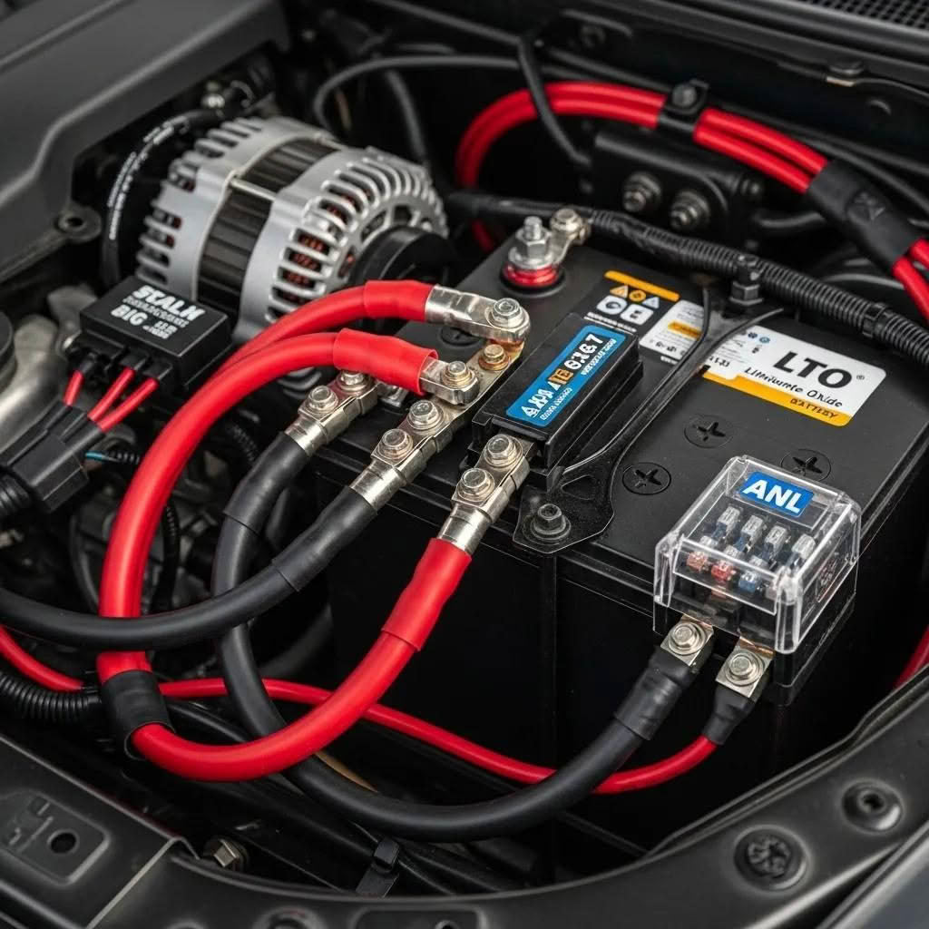 Car battery wiring and electrical system close-up