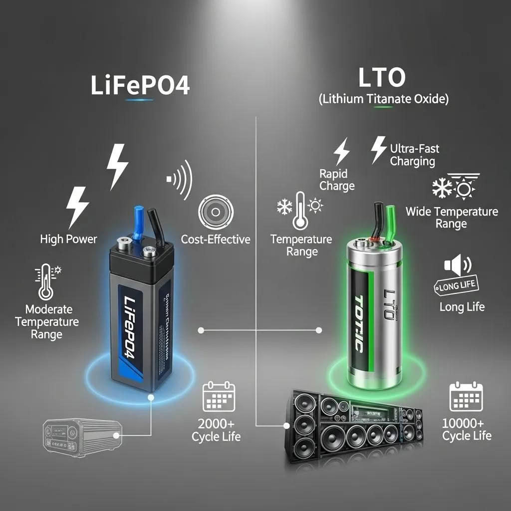 Comparison of LiFePO4 and LTO lithium battery chemistries for car audio