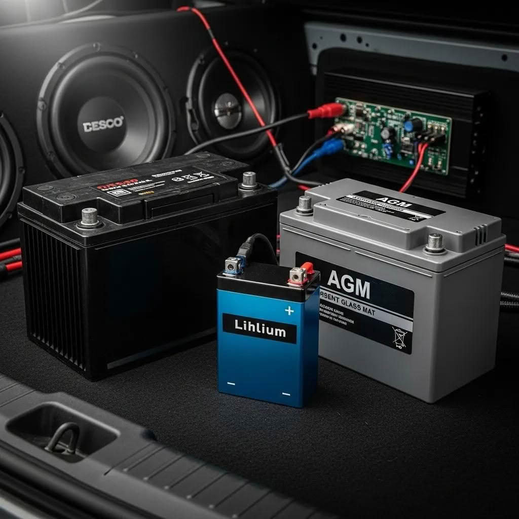 Comparison of lithium battery with traditional lead-acid and AGM batteries in car audio context