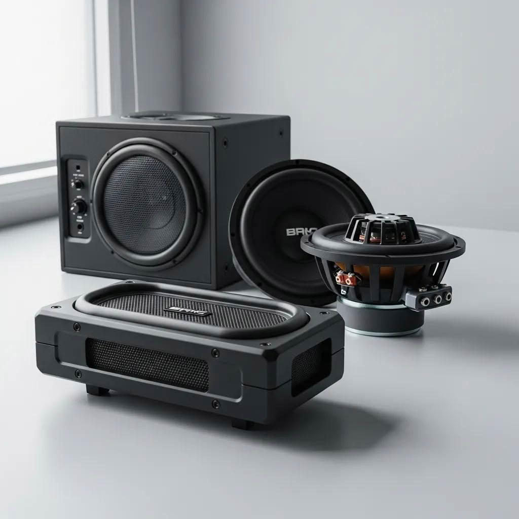 Different types of car subwoofers including underseat, component, and powered models