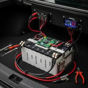 Electric vehicle battery pack with wiring and tools