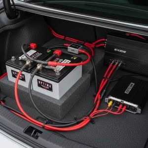 Car audio system with batteries and amplifiers setup