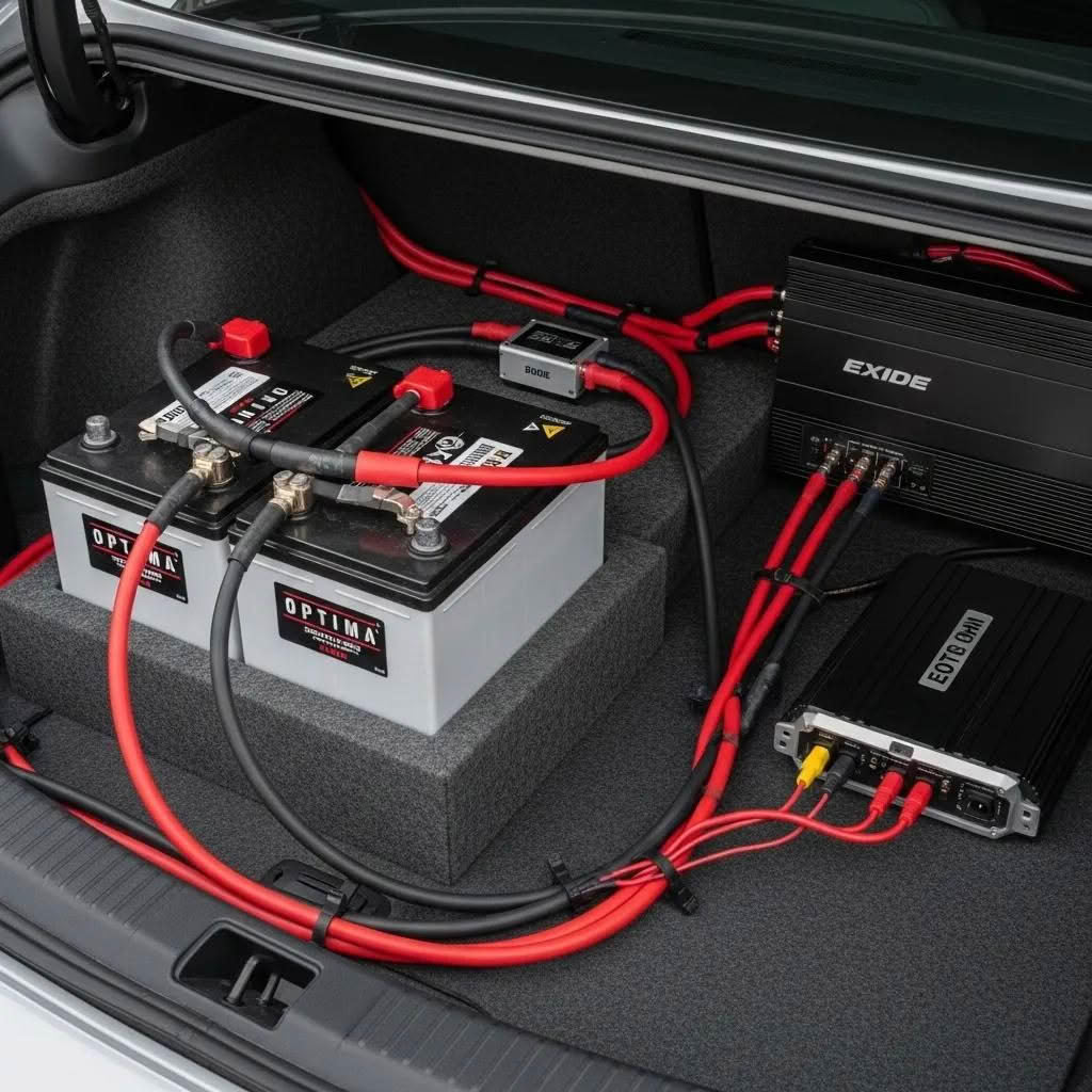 Car audio system with batteries and amplifiers setup