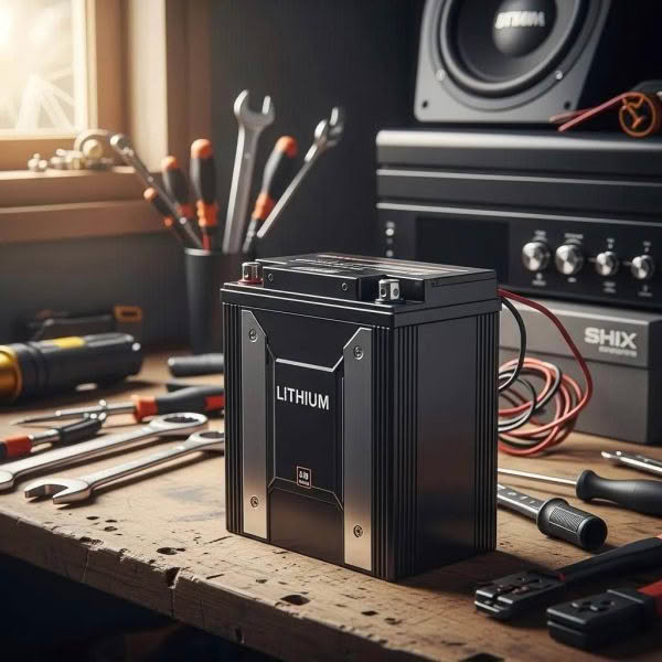 Lithium battery on workshop table with tools