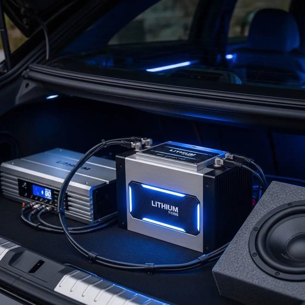 Lithium battery in a car audio setup, highlighting modern technology and performance benefits