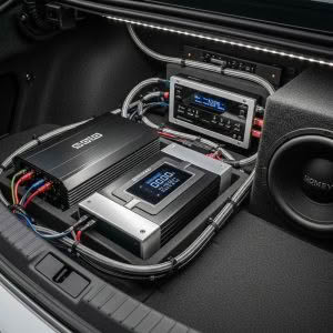 High-end car audio amplifier setup in trunk