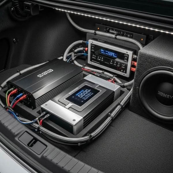 High-end car audio amplifier setup in trunk