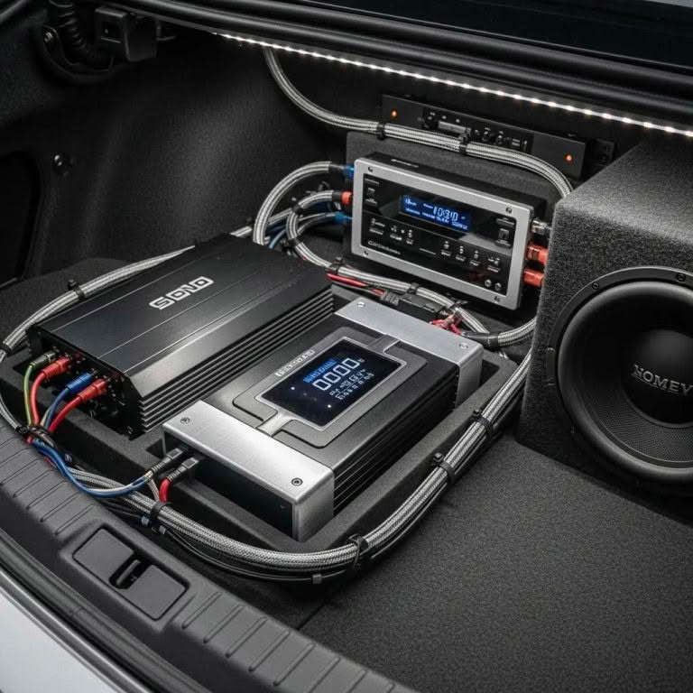 High-end car audio amplifier setup in trunk