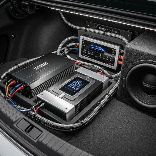 High-end car audio amplifier setup in trunk