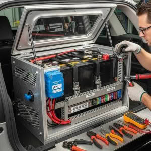 Technician assembling vehicle battery power system