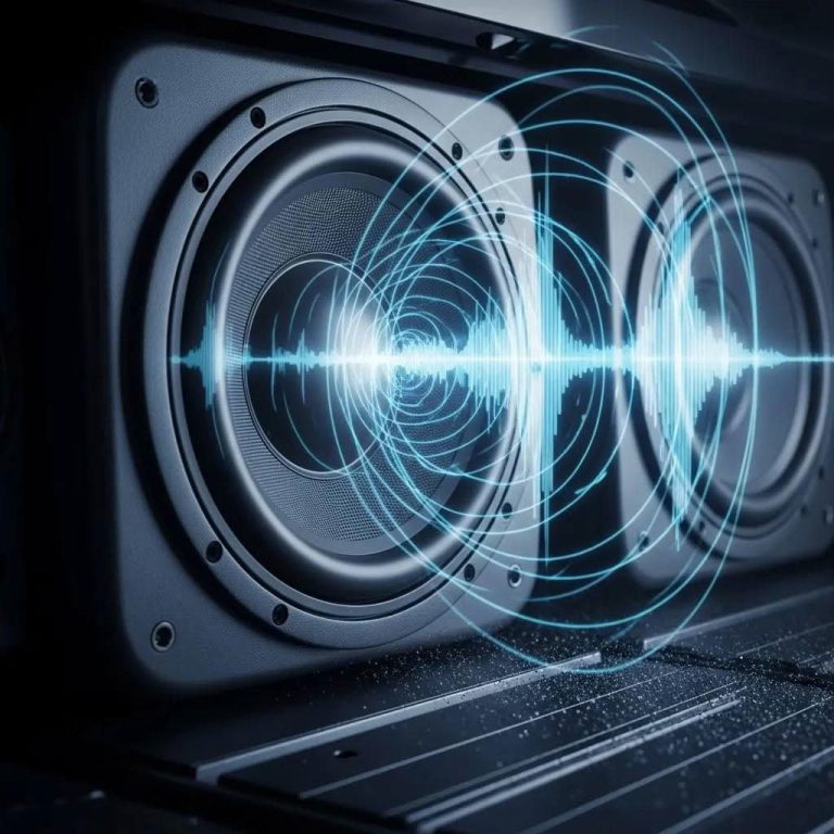Speakers emitting digital sound waves visualization