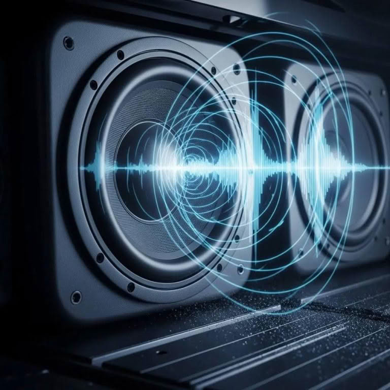 Speakers emitting digital sound waves visualization