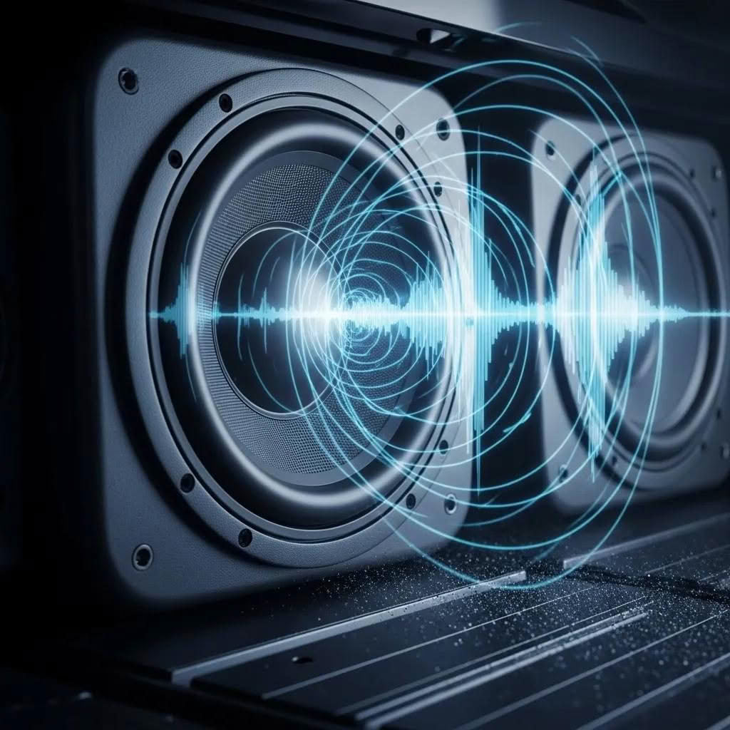 Speakers emitting digital sound waves visualization