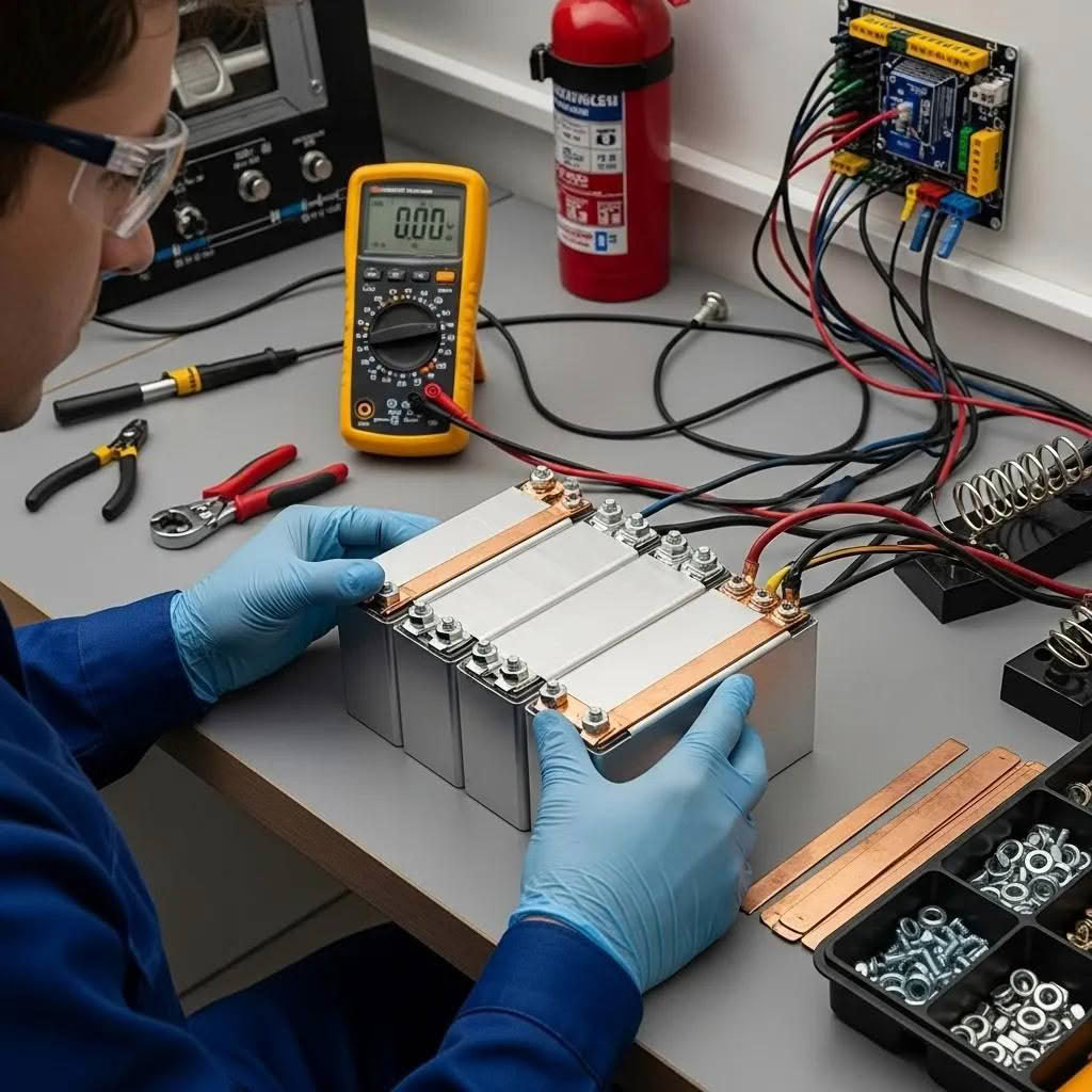 Technician assembling prismatic lithium cells for a DIY battery pack