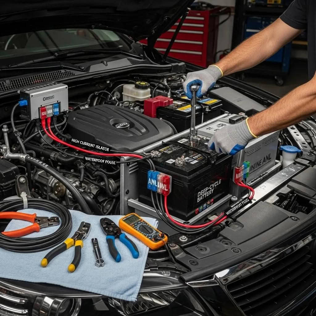 Technician installing a second battery in a car audio system with visible components and tools