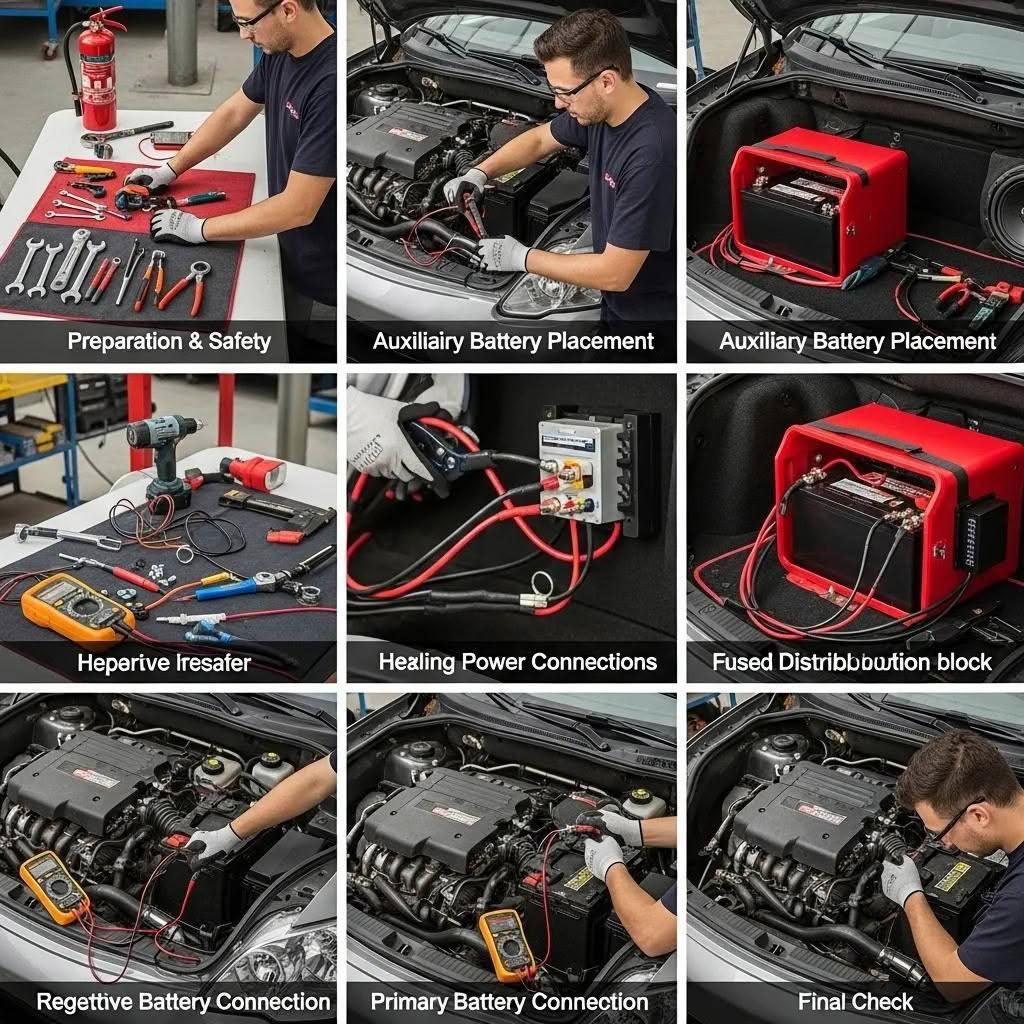 Technician installing dual batteries in a car audio system with tools and safety gear
