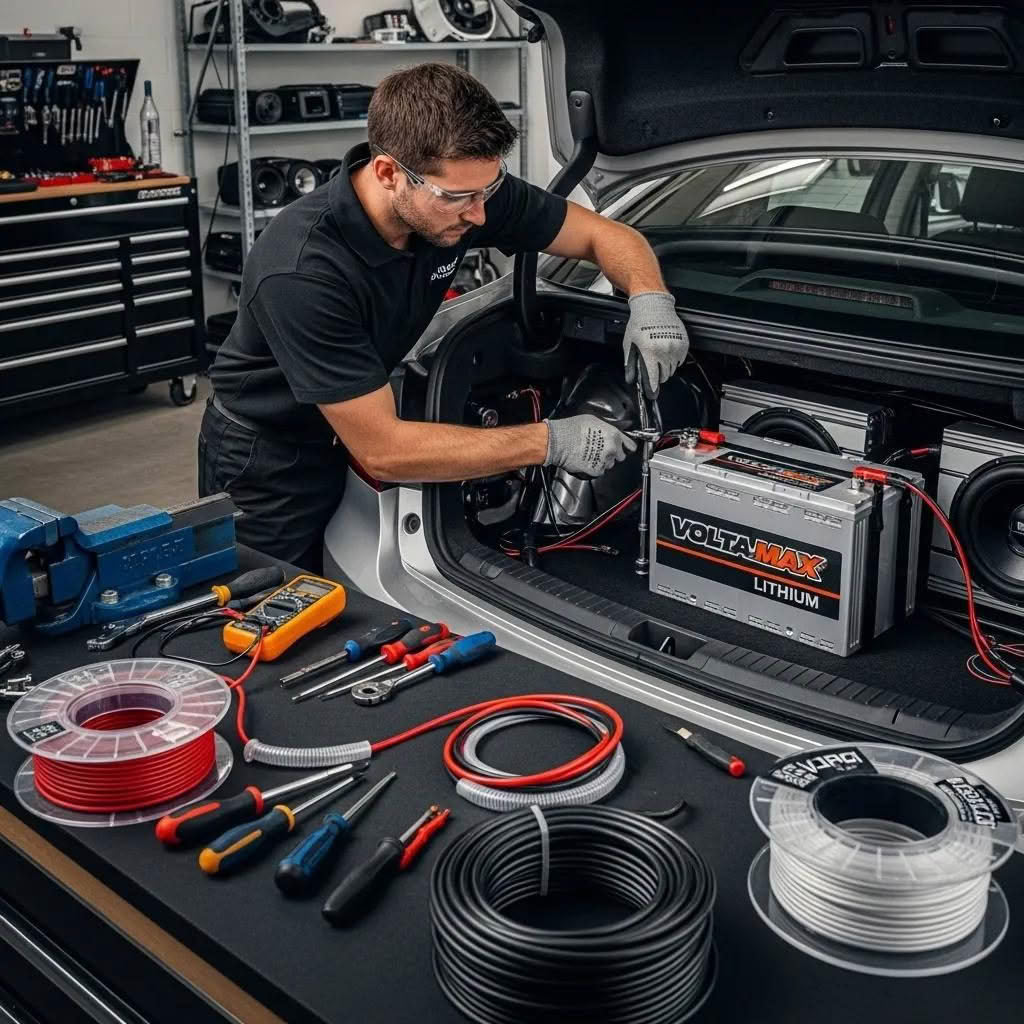 Technician installing lithium car battery in workshop