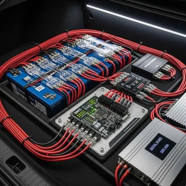 Car audio system wiring with amplifiers and batteries