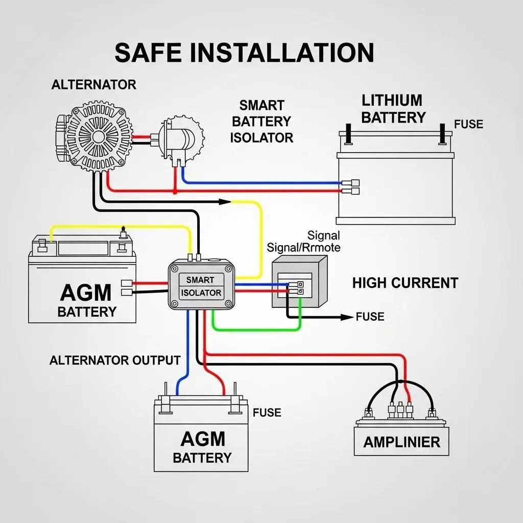 Wiring diagram for lithium and AGM batteries in a car audio system, highlighting safe connections and components