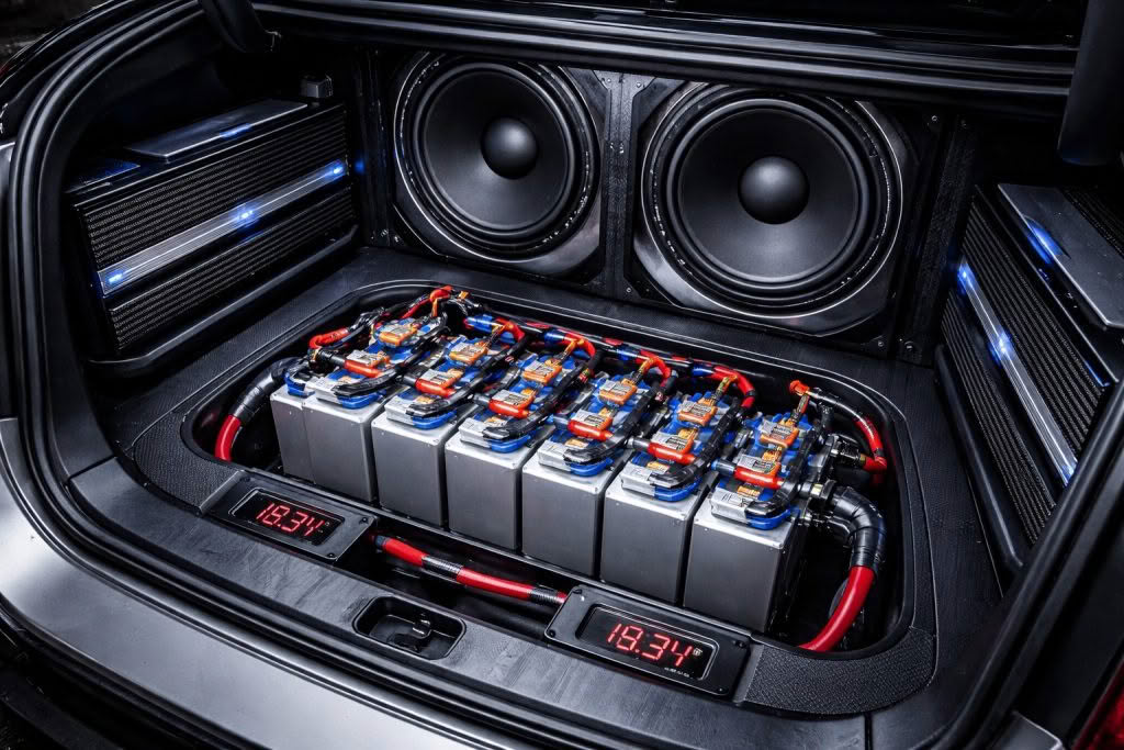 High power car audio system with batteries