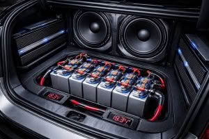 High power car audio system with batteries