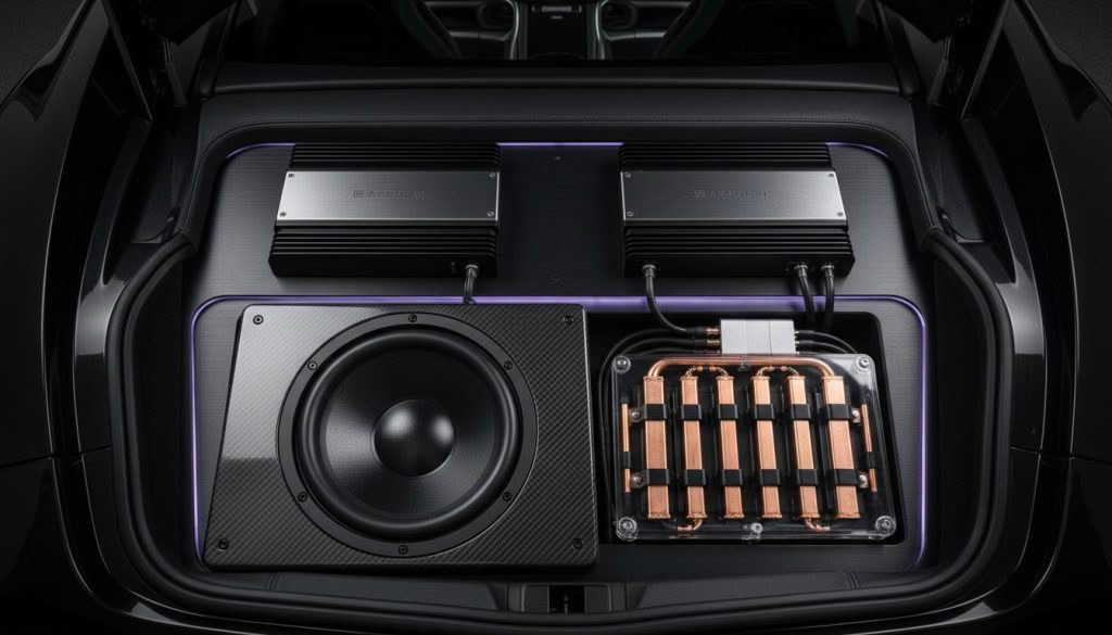 High-end car audio system with amplifiers and subwoofer