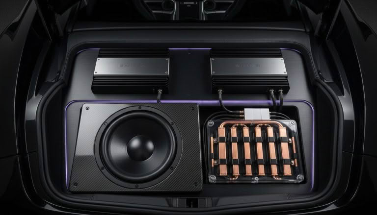 High-end car audio system with amplifiers and subwoofer