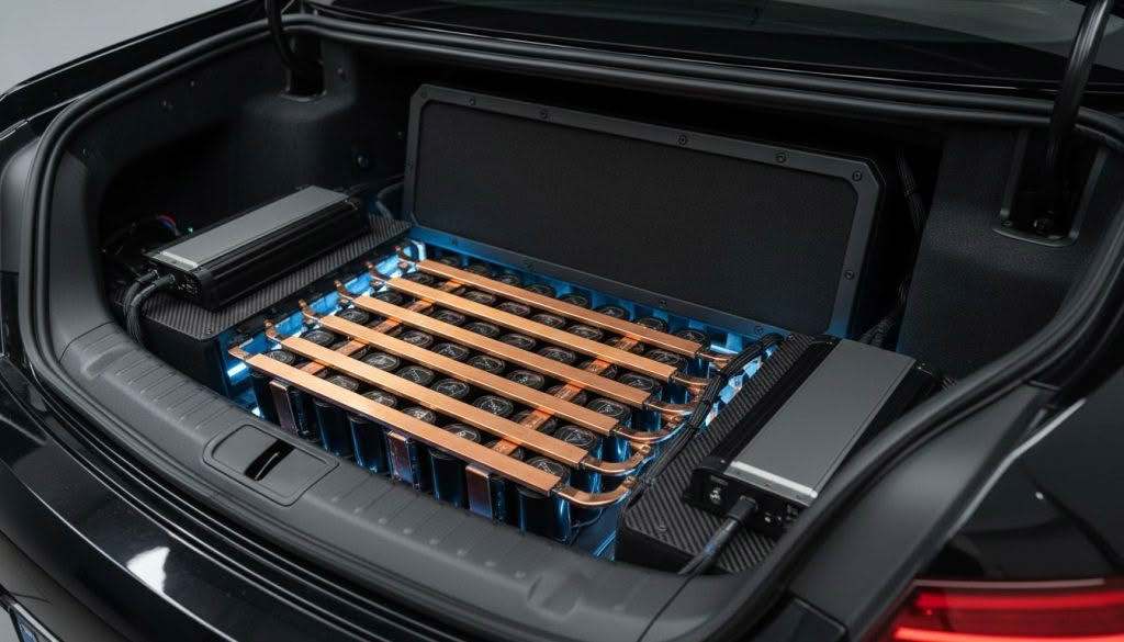 Electric car battery pack in vehicle trunk