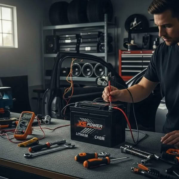 Car audio lithium battery maintenance in a garage setting
