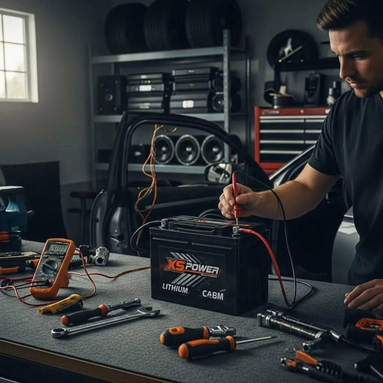 Man testing lithium car battery with multimeter
