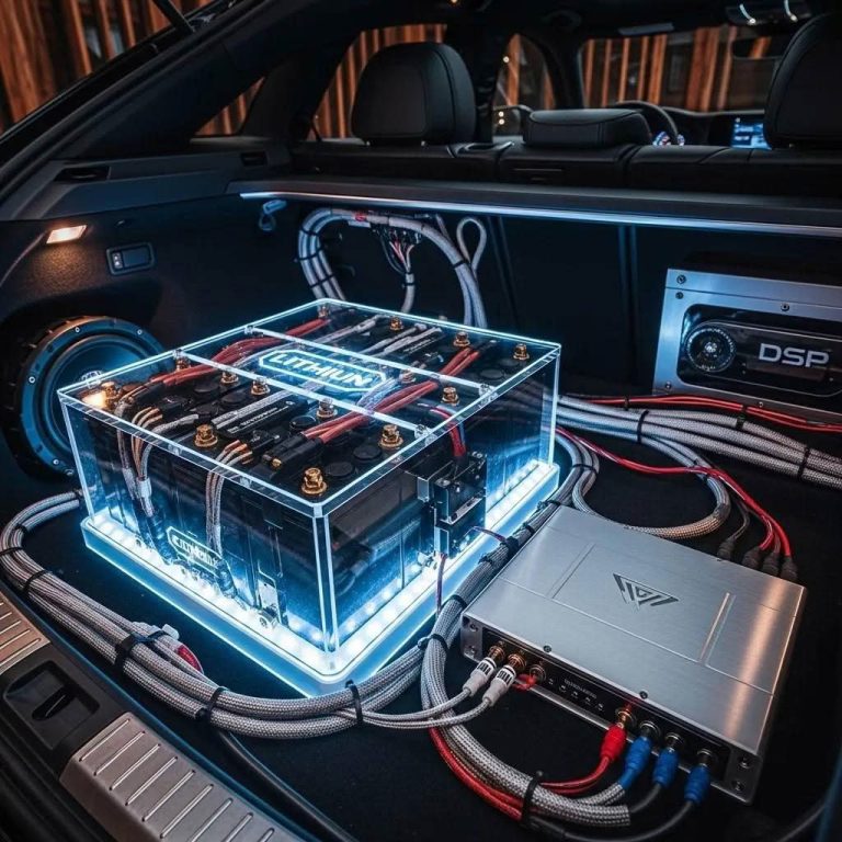 Car audio system featuring lithium battery technology in a modern vehicle interior